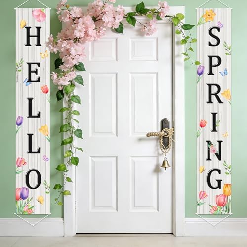Hello Spring Banner Decorations Set of 2, 11.8" x 71" Spring Floral Porch Banners, Hello Spring Sign Decorations for Front Door Porch Wall Yard Party Supplies Indoor Outdoor Decoration (White) - Image 5