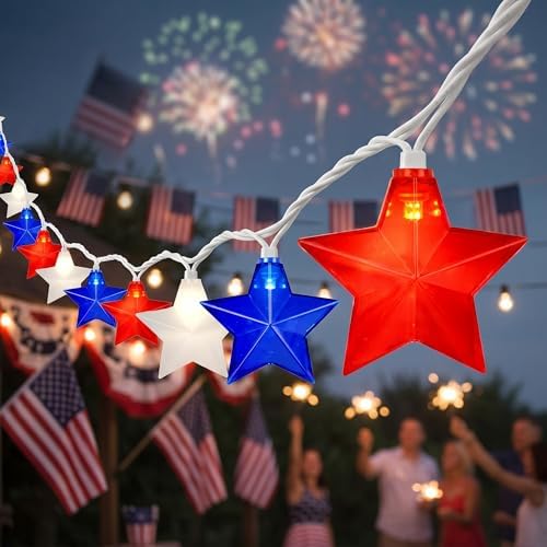 12Ft 4th of July String Lights, 20L LED Red White and Blue Star Lights by Jasneniebo