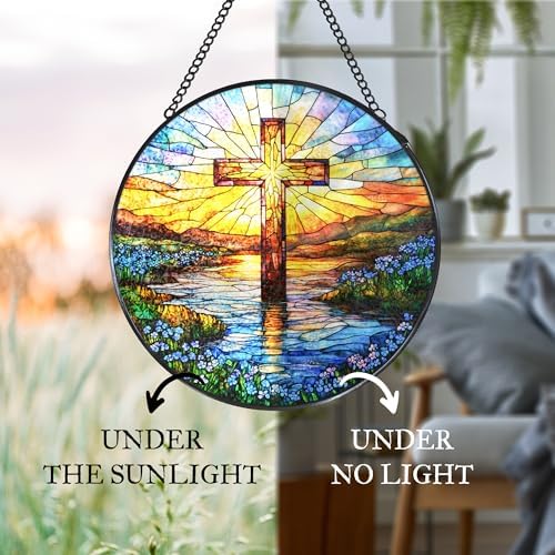 Cross Forget Me Not Stained Glass Window Hanging Suncatcher, Christian Flower Sunset Sun Catcher Indoor Window Decor Gifts, Religious Painted Glass Round Wall Hanging Decorations 7.8x7.8 in - Image 6