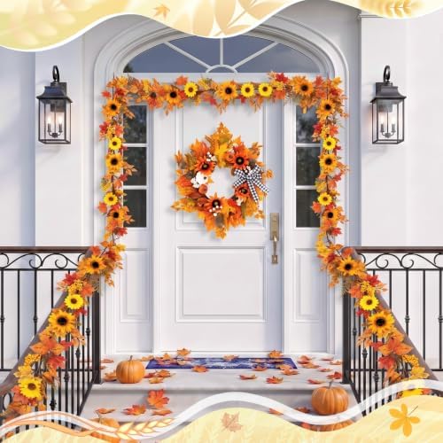 Fall 6FT Garland Wreaths 24", 4 Pack, Artificial Sunflower - Image 3