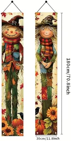 2PCS Fall Scarecrow Porch Banner Autumn Pumpkin Sunflower Hanging Banner Decorations 71 x 12 Inch Outdoor Front Door Sign Harvest Decor for Thanksgiving Yard Entrance Wall Display - Image 2