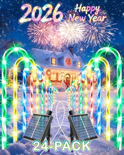 Anordsem Solar Christmas Decorations Outdoor: 21" Candy Cane Stake Lights 24 Pack - Waterproof LED 8 Colorful Lighting Models for Yard Pathway Xmas Tree Decor - 2026 New Year Gifts for Homeowners by Anordsem