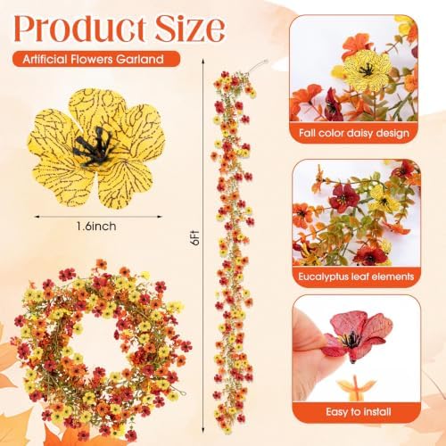 4 Pcs 6 ft Artificial Flowers Wisteria Garland Fake Hanging Wisteria Flowers Green Vines Garlands, Faux Flower Daisy with Eucalyptus Leaves for Garden Decor (Mixed 3 Orange) - Image 2