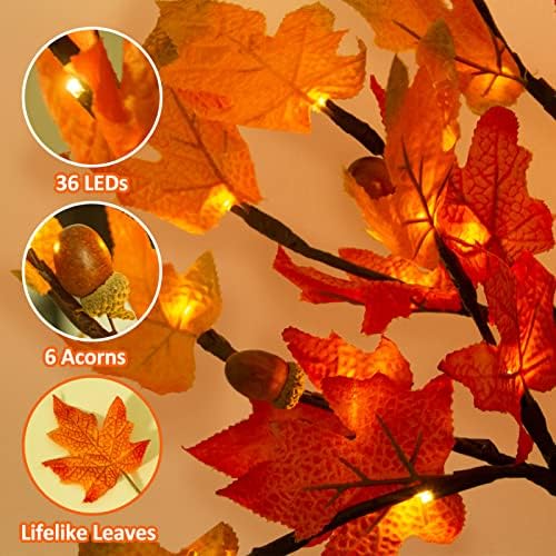 1.5FT Lighted Fall Maple Tree - Thanksgiving Tabletop Lamp Decor with 36 LED Lights, Maple Leaves, 6 Acorns, 6-Hours Timer Function, Battery Operated Fall Artificial Tree for Indoor Home Bedroom - Image 3