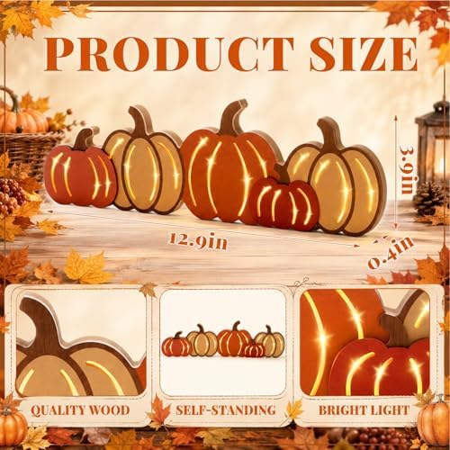 Geetery Fall Pumpkin LED Wooden Sign Rustic Wooden Word Sign for Table Home - Image 2