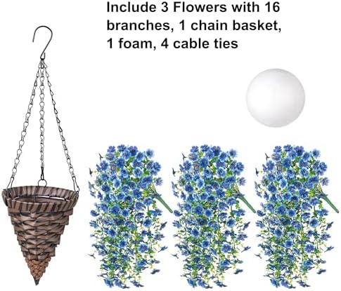 HyeFlora Artificial Hanging Flowers Basket for Outdoor, Fake Flowers Faux Plants Look Real for Yard Gardens Porch Patio Home (Blue) - Image 3
