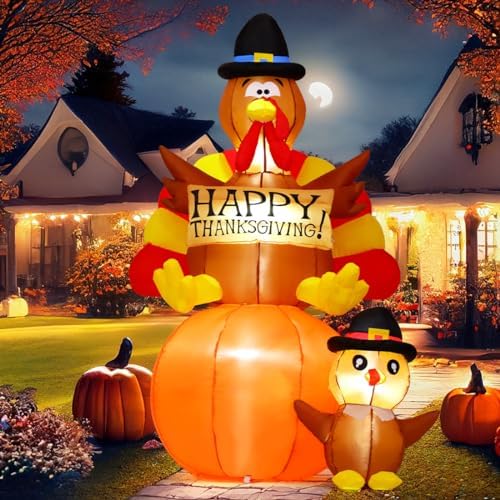 GOOSH 6 FT Thanksgiving Inflatables Turkey Outdoor Decorations Blow Up Yard Turkey on Pumpkin with Turkey Baby with Built-in LEDs for Indoor Party Garden Lawn Decor by GOOSH