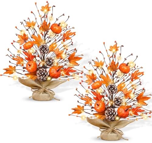 Timer - 2 Pack 18 Inch Lighted Fall Tree Thanksgiving Decorations, Fall Maple Tree with Pumpkins Pinecones 40 LEDs Battery Operated, Artificial Tabletop Trees for Thanksgiving Table Decor Home Indoor by TURNMEON