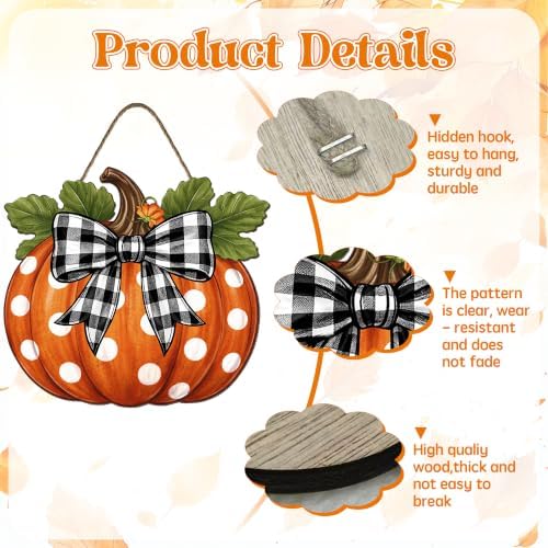 Harooni Fall Pumpkin Front Door Sign Rustic Pumpkin Thanksgiving Door Decorations Wood Sign Autumn Harvest Wreath Door Hanger Buffalo Plaid Bow Plaques Wall Hanging Decor for Home Proch Yard 11"x11" - Image 3
