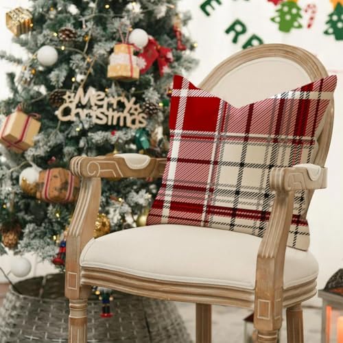 RABUSOFA Christmas Pillow Covers 18x18 Inch Indoor Outdoor Waterproof Set of 2 Buffalo Plaid Striped Holiday Decorative Cushion Cases for Xmas Red Christmas Decor Decorations Couch - Image 2