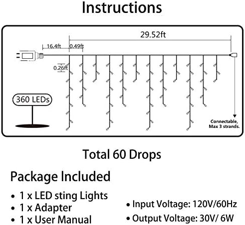 Toodour Christmas Icicle Lights Outdoor, 360 LED 29.5ft 8 Modes Fairy Icicle String Light with 60 Drops, Led Christmas Lights Twinkle for Holiday, Party, Wedding, Eaves, Xmas Decorations (Warm White) - Image 3