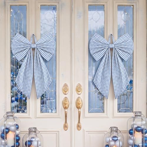 Suncalla 2 Pcs Blue Christmas Gingham Wreath Bows 18'' x 12'' - Image 4