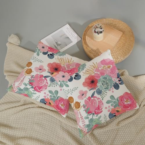 CXMEIFLY Spring Floral Pillow Covers 24 x 24 Inch Set of 2 for Watercolor Pink Flowers Decor Throw Pillows Green Leaves Plant Outdoor Decorative Cushion Cases with Zipper for Couch Bed Decorations - Image 5