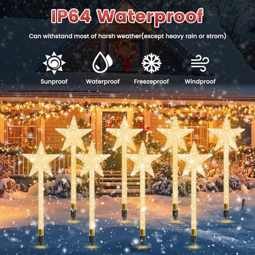 Solar Christmas Decorations Outdoor-8 Pack 64 Warm White LED Star Pathway Lights with 8 Modes IP64 Waterproof Xmas Decoration for Garden Patio Yard Porch Driveway - Image 5