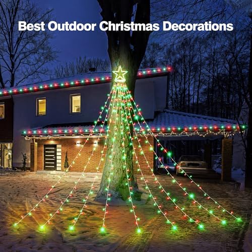 BlcTec Outdoor Christmas Decorations 317 LEDs Christmas Lights with 9 Strands 11.9ft Waterfall Christmas Tree Lights, 8 Modes, Waterproof, Topper Star & Timer for Yard Patio Xmas Décor, Red Green - Image 7