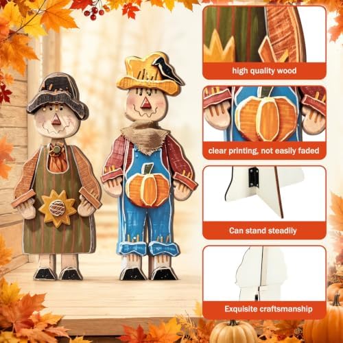 Beeveer 2 Pcs Fall Wooden Scarecrow Standing Porch Sign Outdoor Fall Decor - Image 3