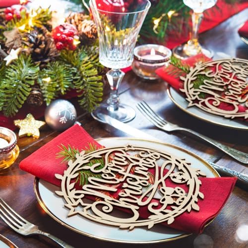 12 Pcs Christmas Wooden Plate Decor Merry Christmas Wood Cutouts Winter New Year Party Place Card Table Settings Signs for Farmhouse Dining Table Holiday Tree Decoration Ornament Flowers - Image 7