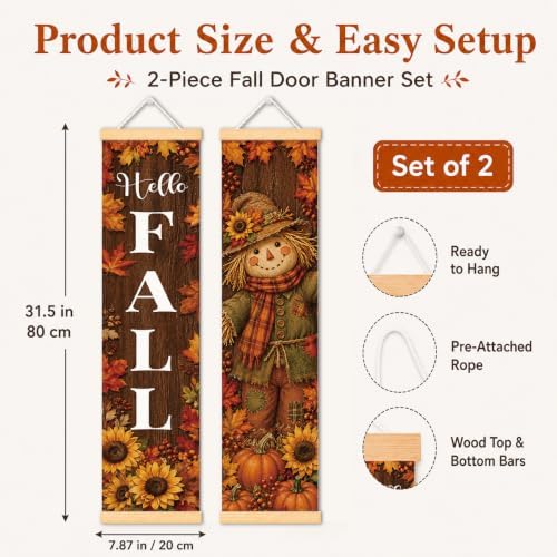 Hello Fall Door Banner Set of 2, Scarecrow Pumpkin Porch Decor for Home - Image 2