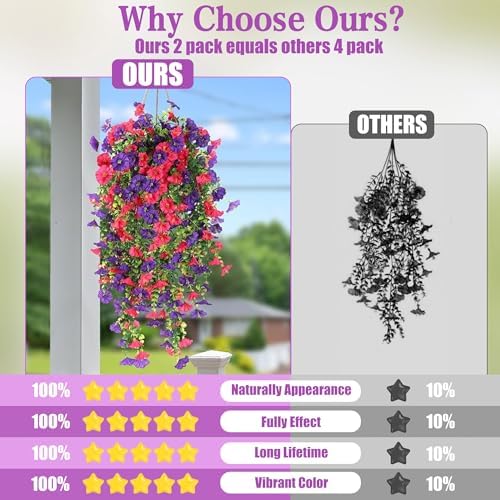 Artificial Fake Hanging Flowers Plants for Outdoor Outside Spring Summer Decoration 2PCS Faux Silk UV Resistant Realistic Morning Glory with Eucalyptus for Home Porch Patio Balcony(Purple & Hot Pink) - Image 4