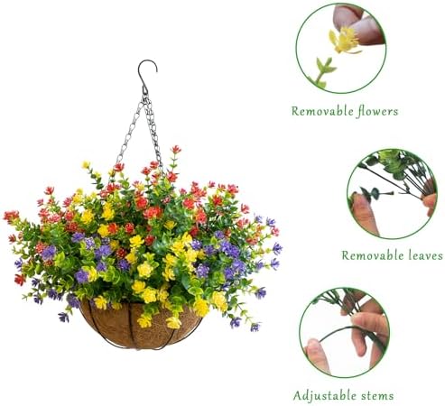 Artificial Hanging Plants Flowers with Basket for Spring Summer Outdoor Decoration, Yellow Purple Pink Red - Image 3