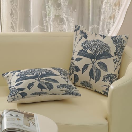 Navy Blue Pillow Covers 18x18 Inch 2 Pcs Boho Vintage Floral Decor Throw Pillows Hydrangea Flower Seasonal Outdoor Farmhouse Neutral Accent Decoration Pillowcase Linen Cushion Cover for Couch - Image 4