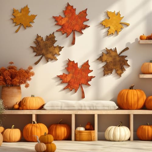 CroBlissful 6 Pcs Fall Maple Leaves Wall Decor Autumn Wooden Wall Art - Image 3
