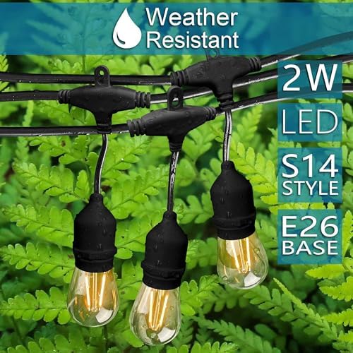 Banord Outdoor String Lights Commercial Grade 96ft Waterproof with 30 S14 Shatterproof Dimmable LED Bulbs, Heavy Duty Hanging Lights for Patio Garden Backyard Decoration, 2W 2x48ft Strands - Image 3