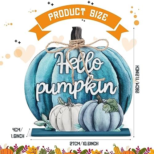 Soaoo Fall Decoration Wooden Blue Pumpkins Decor Fall Hello Pumpkin Sign - Image 2