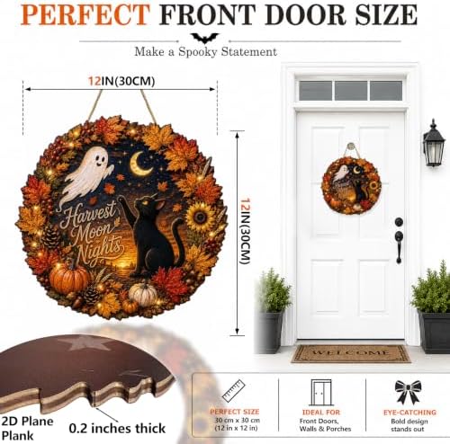 Halloween Harvest Moon Nights Fall Wreath Sign, Black Cat Ghost Wood Decor - Image 2