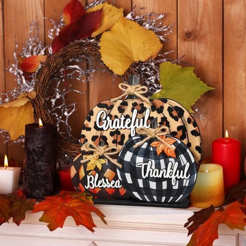 Soaoo Wood Fall Pumpkin Sign 11 Inch Blessed Grateful Thankful Centerpiece - Image 5