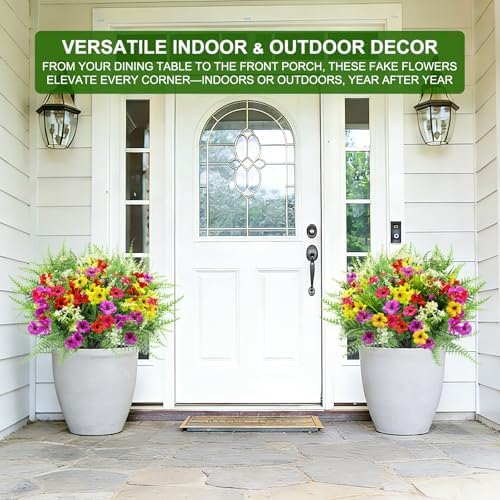 24 Bundles 8 Styles Artificial Flowers for Outdoors UV Resistant Fake Flowers Faux Plastic Plants Colorful Daisy Boston Fern Lavender Cemetery Flowers for Outside Indoor Home Porch Patio Spring Decor - Image 2