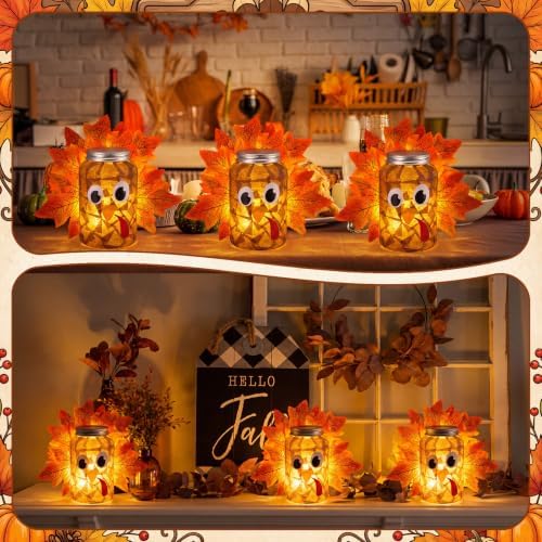 Qinyoung 12 Pcs Thanksgiving Turkey Craft Mason Jars Tissue Paper Craft with LED Candle Light Make Your Own Turkey Mason Jars Decoration for Fall Harvest Thanksgiving Party Fun Home Actives - Image 4