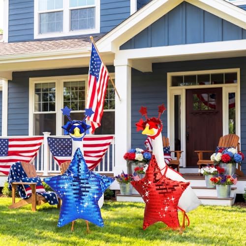 Abbylike 2 Set 4th of July Porch Goose Outfit 250th Red Blue Disco Sequin Star Yard Goose Costume Clothes Fits Large 23'' Cement for Independence Day American Patriotic Statue Patio Garden Art Decor - Image 3