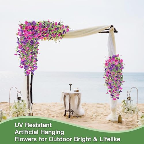 Artificial Flowers for Outdoors Fake Morning Glory Hanging Flower Decoration, 6 Pcs Realistic Faux Plants Petunias Trailing Vines, Spring Decor for Porch Patio Balcony Planter Yard(Purple+Fuchsia) - Image 5