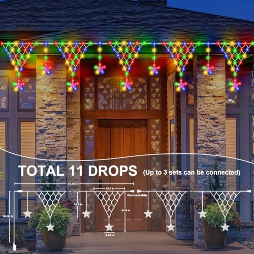 (New) Outdoor Christmas Lights, 13.8ft 218 LED Christmas Curtain Lights, Icicle String Lights with 11 Drop Stars for Curtain, Indoor, Garden, Patio, Wedding, New Year, Home Decoration - Multicolor - Image 2