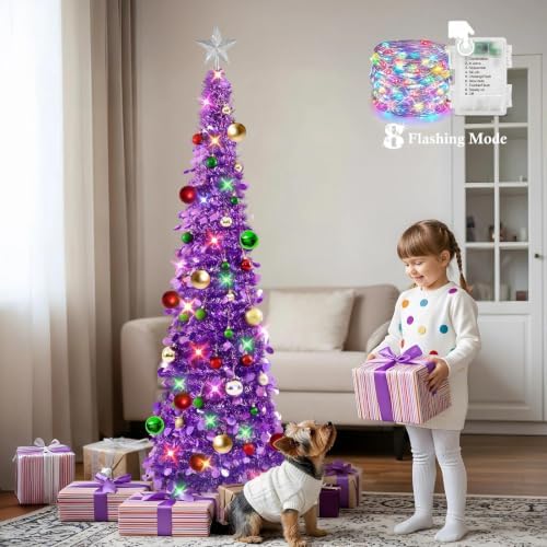 N&T NIETING Pop Up Christmas Tree with Lights & Ornaments, 5FT, Dark Purple - Image 6