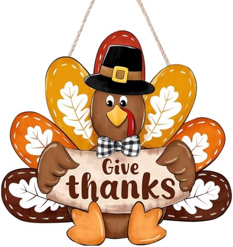 Thanksgiving Turkey Front Door Sign Fall Wooden Give Thanks Wreath by UMISKAM