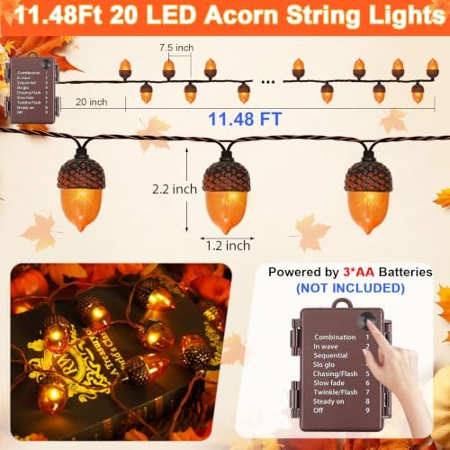 Fall Lights Battery Operated, 11.48 FT 20 LED Fall String Lights with 3D Acorns LED Autumn Lights with Timer 8 Modes Waterproof for Autumn Thanksgiving Halloween Indoor Outdoor Fall Decorations - Image 2
