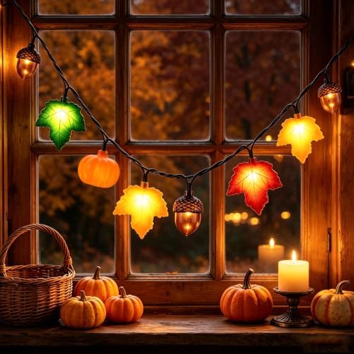 8.5Ft Fall Decor String Lights, 10 LED 3D Pumpkin Acorn Maple Leaf Plug in by Kivonfa