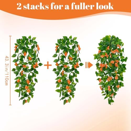 BLEUM CADE Artificial Hanging Flowers for Outdoors, 4pcs Fake Hanging Plants Pothos Vines with Orange Flowers for Wall Home Living Room Indoor Outdoor Fall Decor (No Baskets) - Image 2