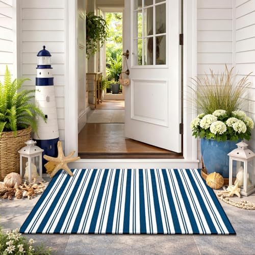 Moucuny Steel Blue and White Stripe Outdoor Rug 2'4''X3'7''Nautical Doormat - Image 2