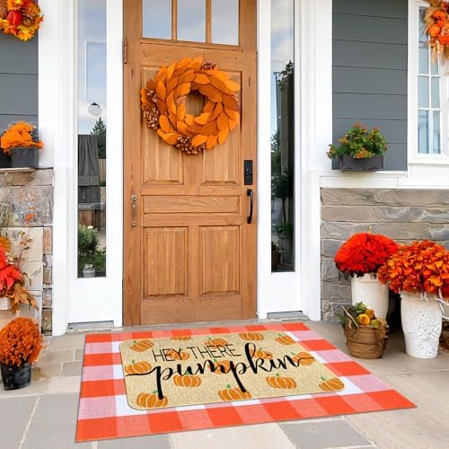 Fall Outdoor Rug Set, Hello Pumpkin Door Mat 28 x 43 in, 2 Pcs Welcome Mat Set, Orange and White Plaid Rug, Fall Front Porch Entryway Doormat Indoor Outdoor Decor, Thanksgiving Buffalo Plaid Mats - Image 5