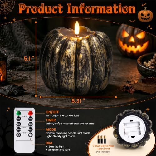 Halloween Decorations Indoor, Large Flameless Pumpkin Candle, Black - Image 4