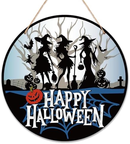Halloween Door Decorations - 12" Witch Welcome Sign for Front Door, Pumpkin Wooden Hanger for Home Porch Indoor Outdoor Wall Decor -B09 by Cazhes