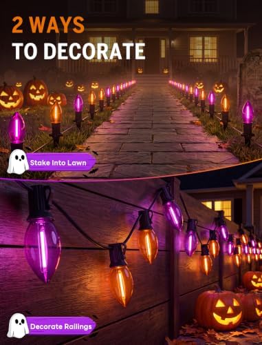 Halloween Pathway Lights Outdoor, 19.5Ft Orange Purple Halloween String Lights with 10 C9 LED Bulbs and Stakes, Connectable Outdoor Waterproof Marker Stake Lights for Halloweens Path Yard Lawn, Garden - Image 5