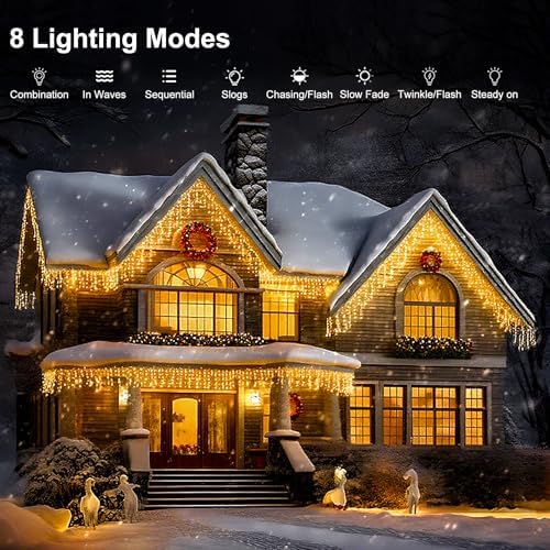 LED Icicle Lights for Outdoor Christmas Decorations,118Ft 1200 LEDs Christmas Fairy Light with Timer&Memory Function,8 Lighting Modes,Plug in hanging Curtain Lights for Xmas Party Wedding(Warm White) - Image 2