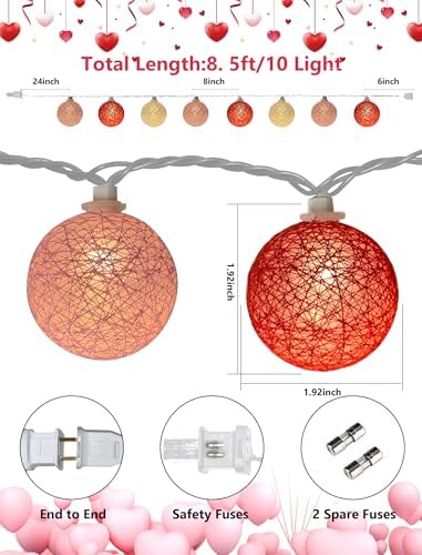 Red Pink and White Cotton Ball String Lights, 8.5Ft Valentine’s Day Decorative Fairy Lights Plug in with 10 Colorful Lantern, Hanging Cotton Globe Lights for Bedroom Wedding Party Home Birthday Decor - Image 2