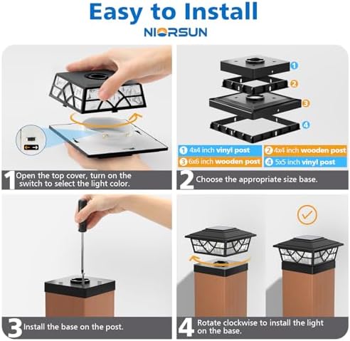 NIORSUN 4x4 Post Solar Lights,Solar Post Lights with 2 Modes, 12 Pack Black - Image 6