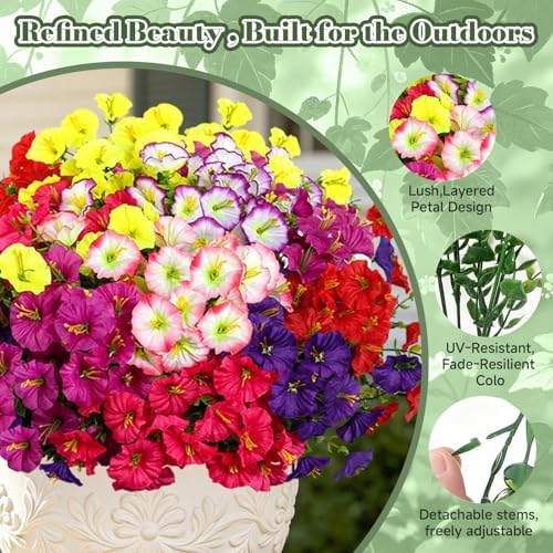 Artificial Faux Flowers for Outdoor, 12 Bundles UV Resistant Silk Morning Glory Flowers for Planter, Realistic Fake Flower Plants for Home Outside Porch Garden Spring Summer Decoration - Image 4