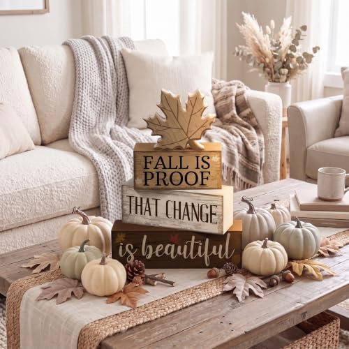 Moucuny 4 Pcs Fall Table Decoration for Home Wooden Neutral Maple Leaf - Image 7